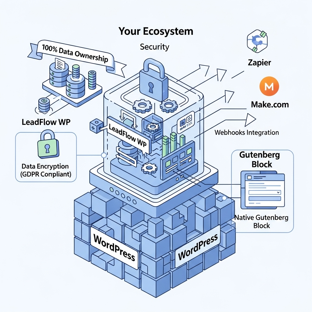 Ekosystem WordPress z ikonami bezpieczeństwa i integracji
